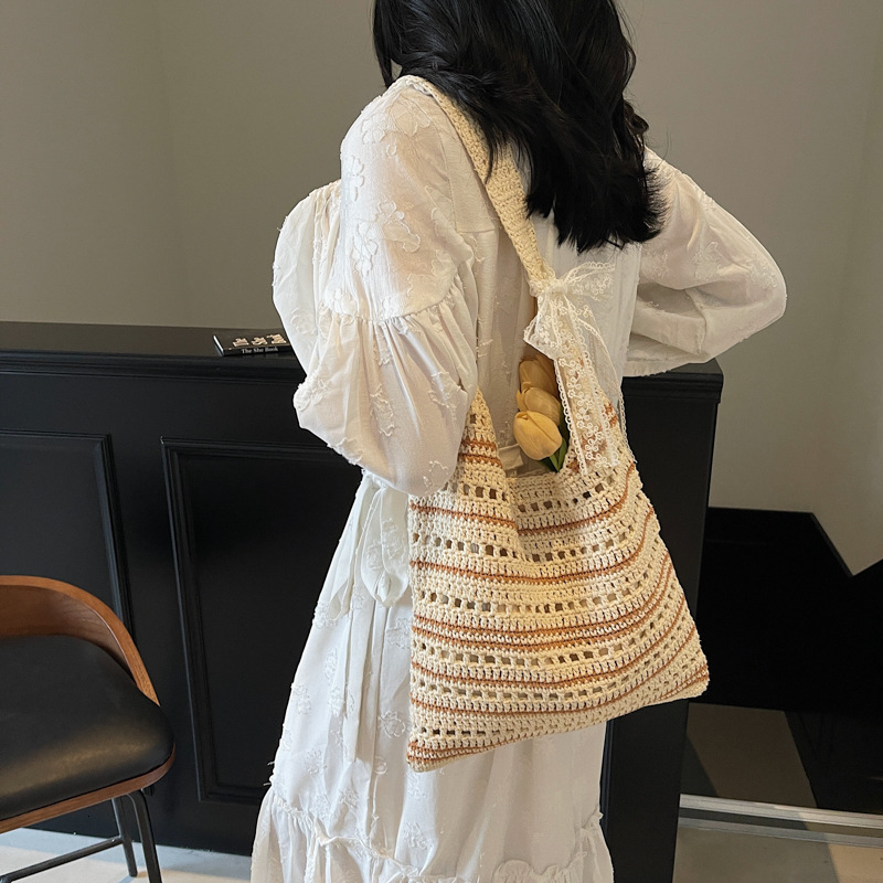 designer Korean and Japanese Style Striped Cotton Hollow Bag 2025 Summer Beach Vacation Woven Bag Simple Lazy Style Handbag Shoulder Bag