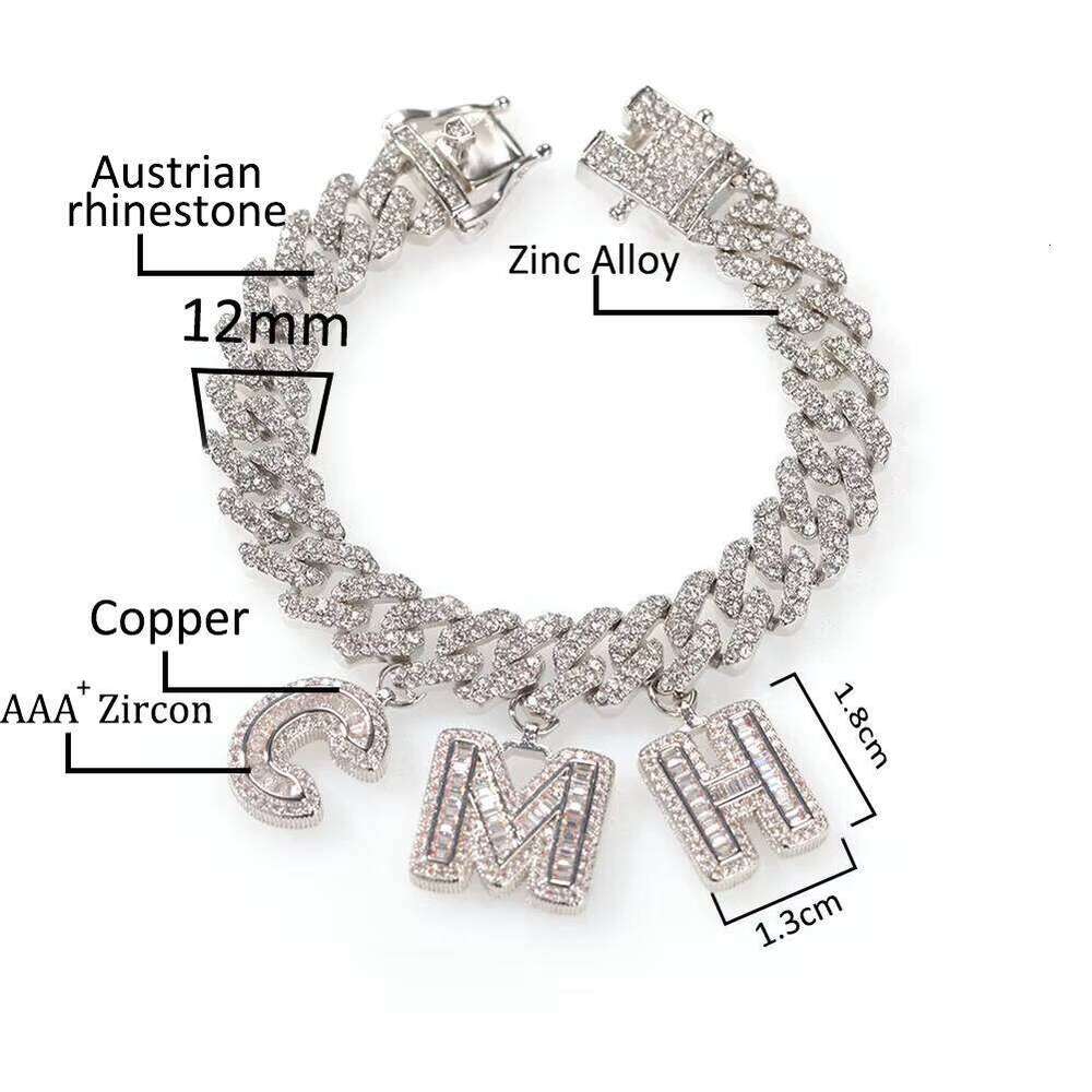 DIY Baguette Letter 12mm Cuban Chain Bracelet Personalized Initial Name Necklace Hip Hop Jewelry