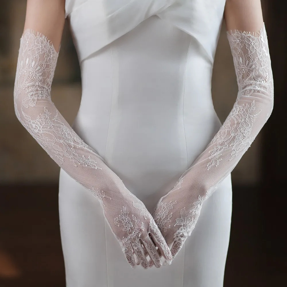 Wedding Bridal Long Gloves Ivory Eyelash Edge Lace Thin Appliqed Floral Finger Embroidery Breathable Soft Stage Prom Opera 250603