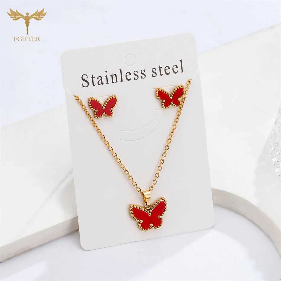 Golden Stainless Steel Shell Butterfly Necklace Earrings Jewelry Set White Black Red Green Butterfly Stud Pendant Girl Gifts Z250607