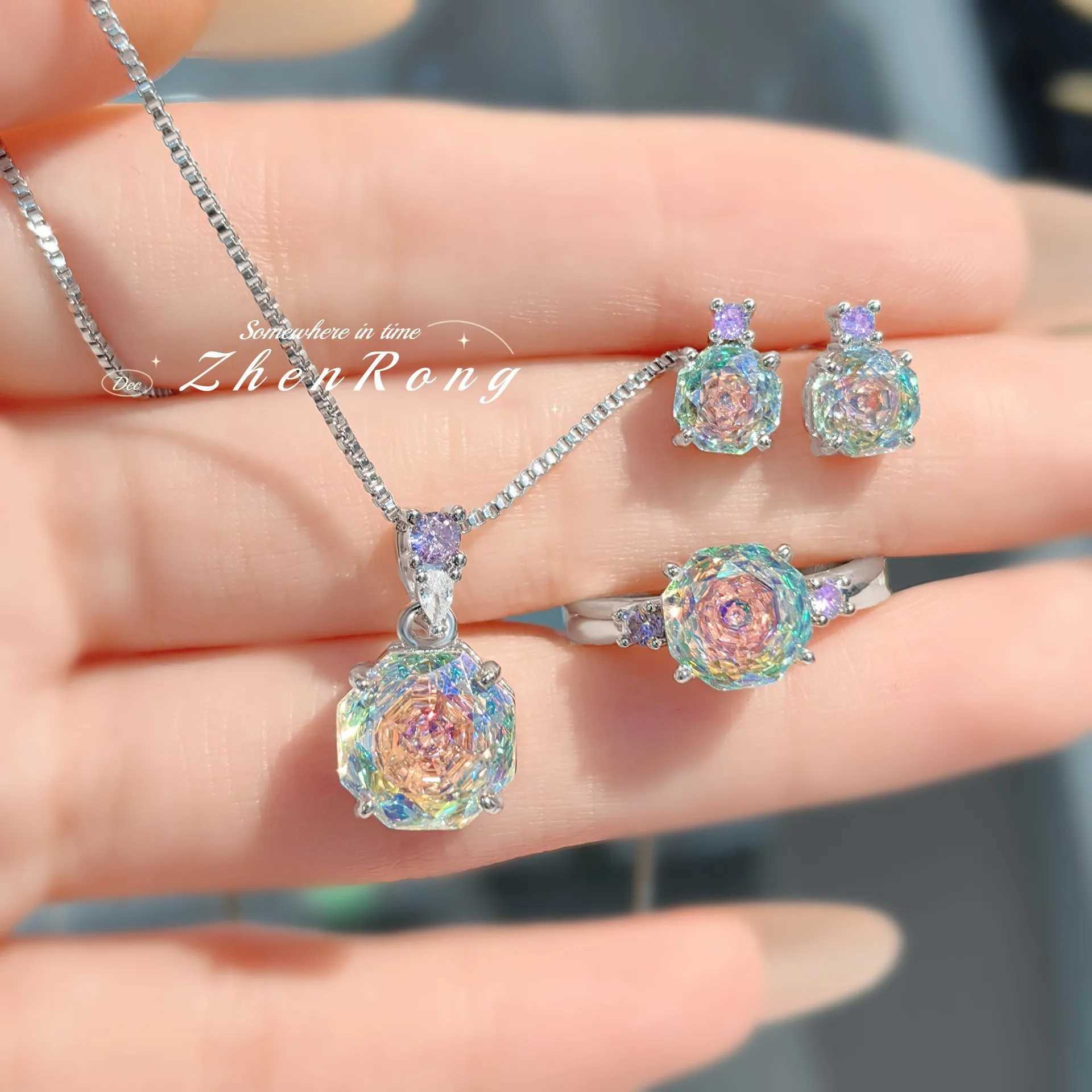 New Rose Cut Dream Color Zircon Crystal Pendant Necklaces Stud Earrings Rings For Women Fashion Luxury Female Jewelry Sets Z250607