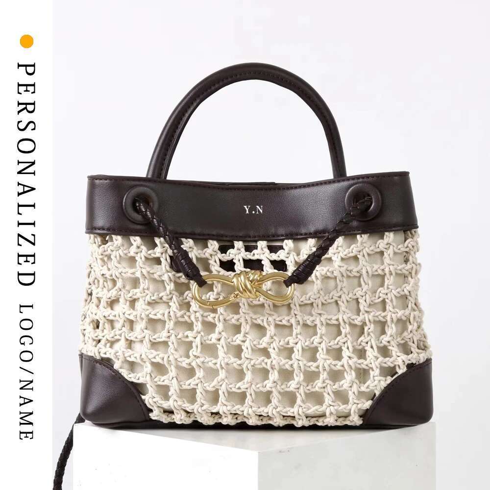 Hot Selling Custom Letters Free Gold Stamping New Genuine Leather Splicing Handmade Cotton Rope Weaving Women's Hand-Bull Tote Bag Designer Bags