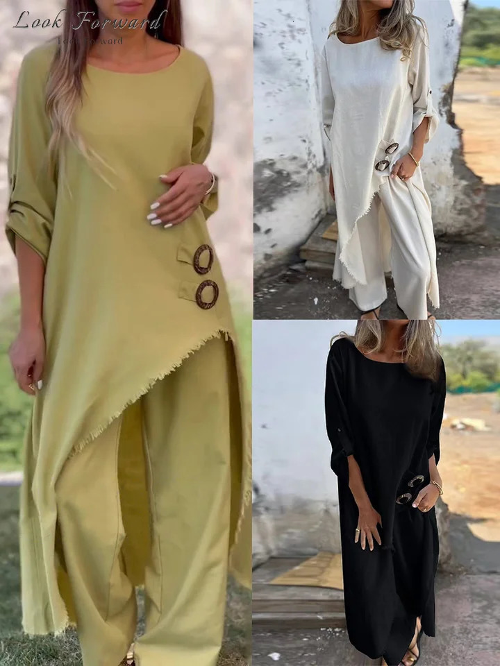 Casual Pants Set Women Loose Irregular O-neck Half Sleeves Pullover Wide Leg Pants Sets Female Spring Summer Stylish Suit Lady 250605