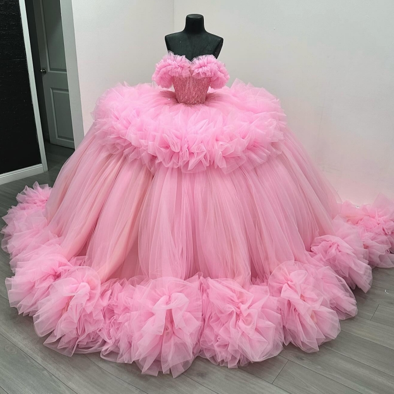 Pink Quinceanera Dresses Ball Gown Off The Shoulder Beads Tiered Tull Sweet 16 Dress Vestidos 15 De Anos