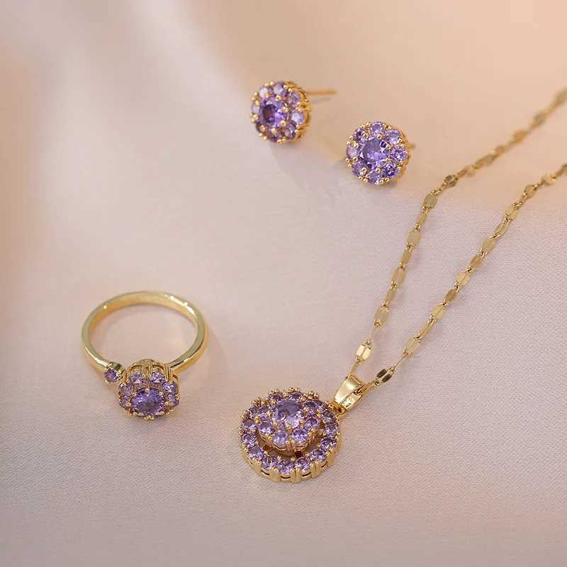 Bridal Jewelry Sets Rotating Purple Zircon Round Stud Earrings Ring Pendant Gold Color Chains Necklaces For Women Engagement Set Z250607