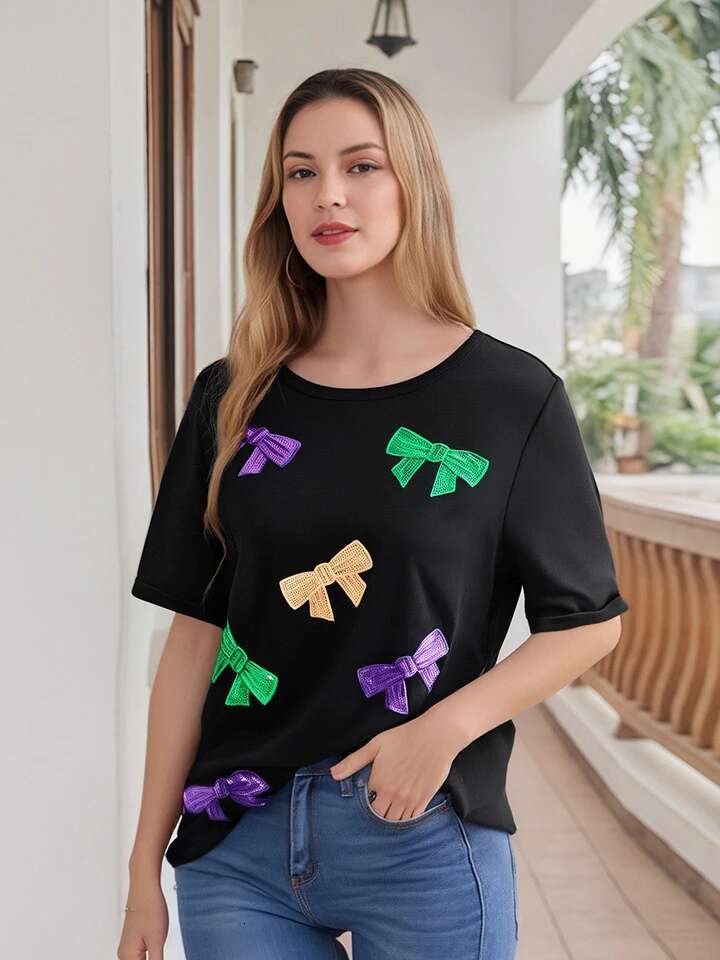 Womens Stylish Summer Short Sleeve Round Neck Sequins Embellished Loose Fit T-shirt with Bow Detail