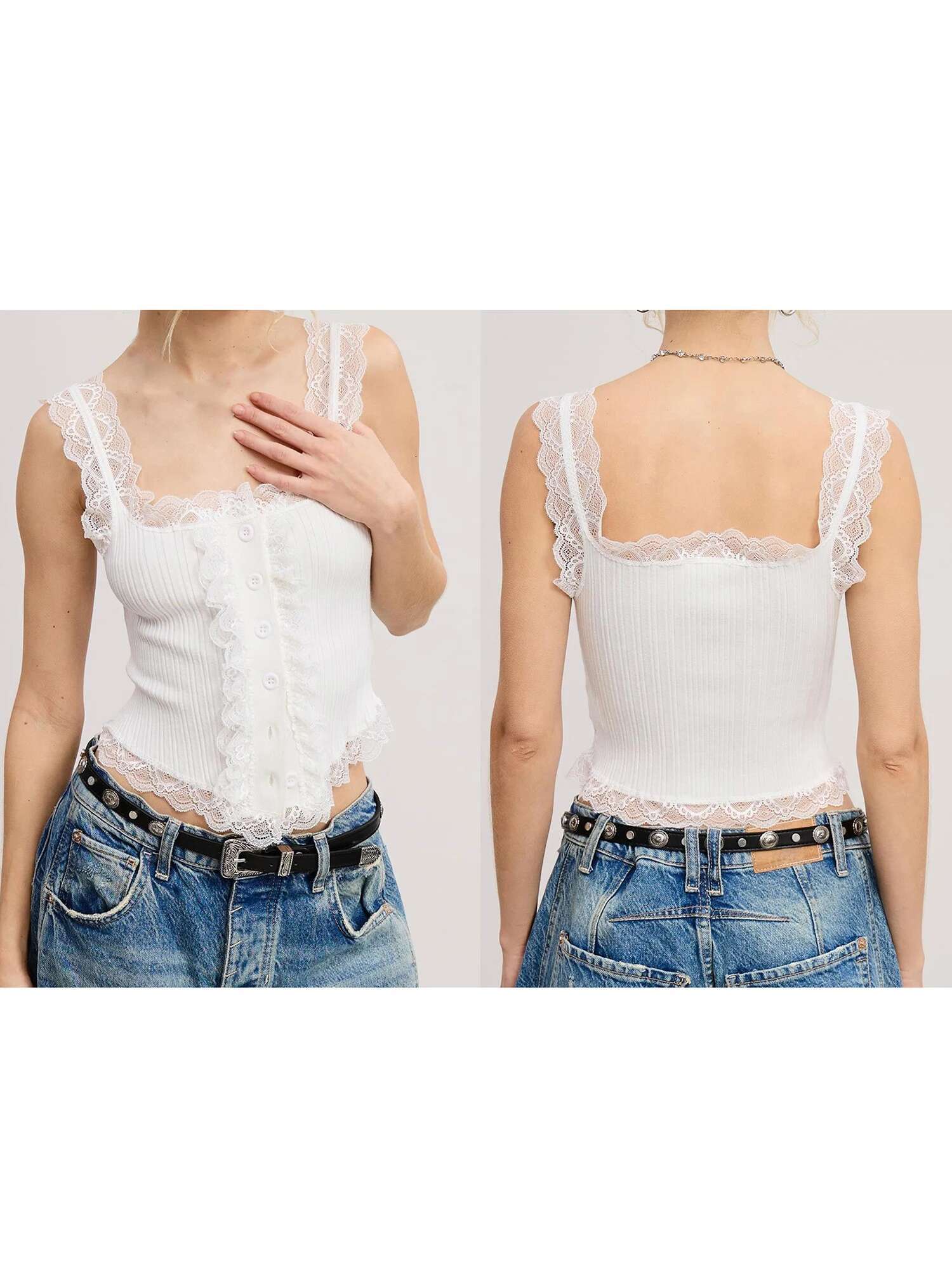 Elegant Sleeveless V-neck Lace Trim Button Front Camisole Tank Top with Adjustable Spaghetti Straps for Women