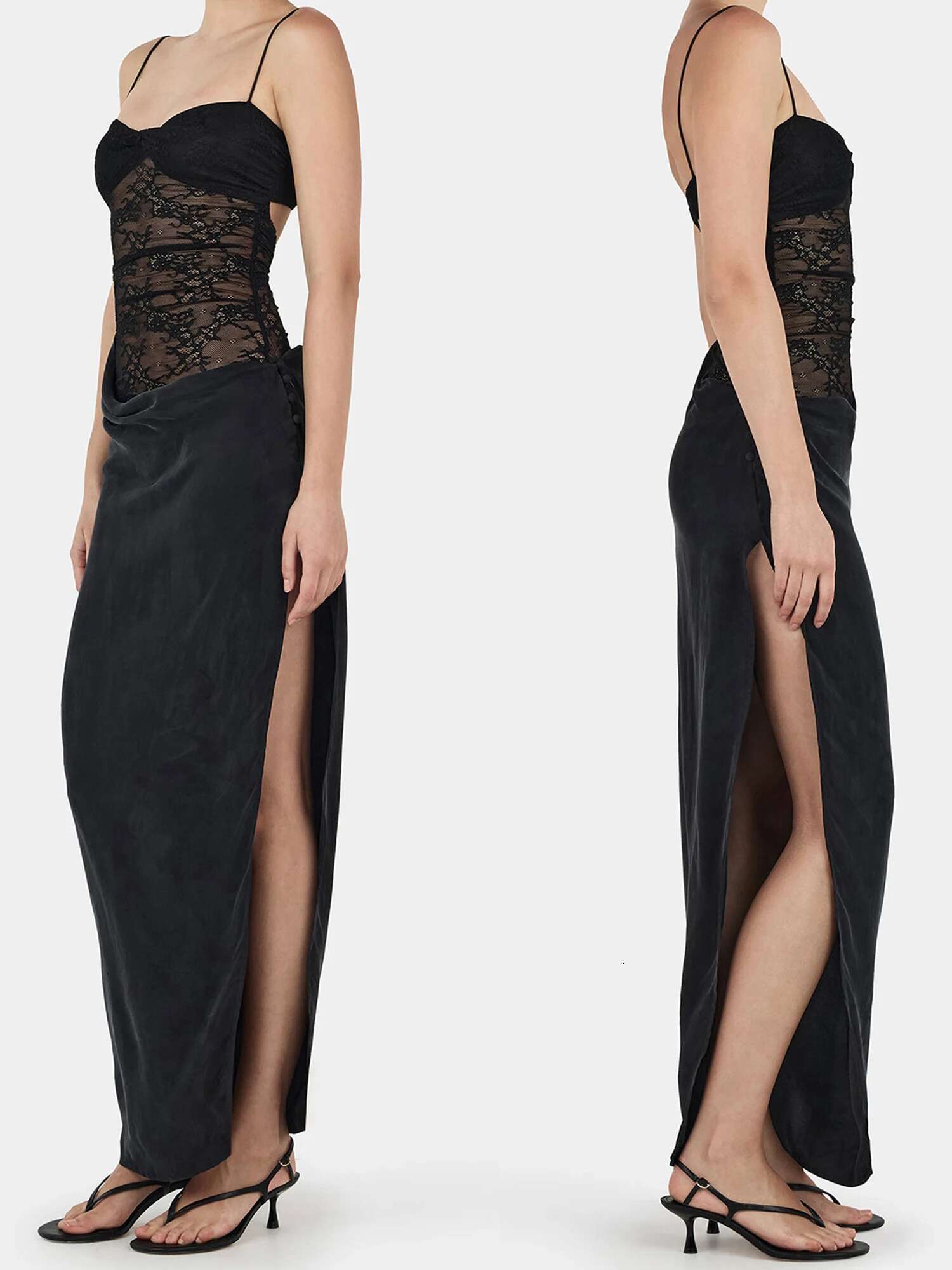 Elegant V-neck Sleeveless Maxi Dress with Side Slit and Lace Detailing Perfect for Summer Cocktail Parties and Events