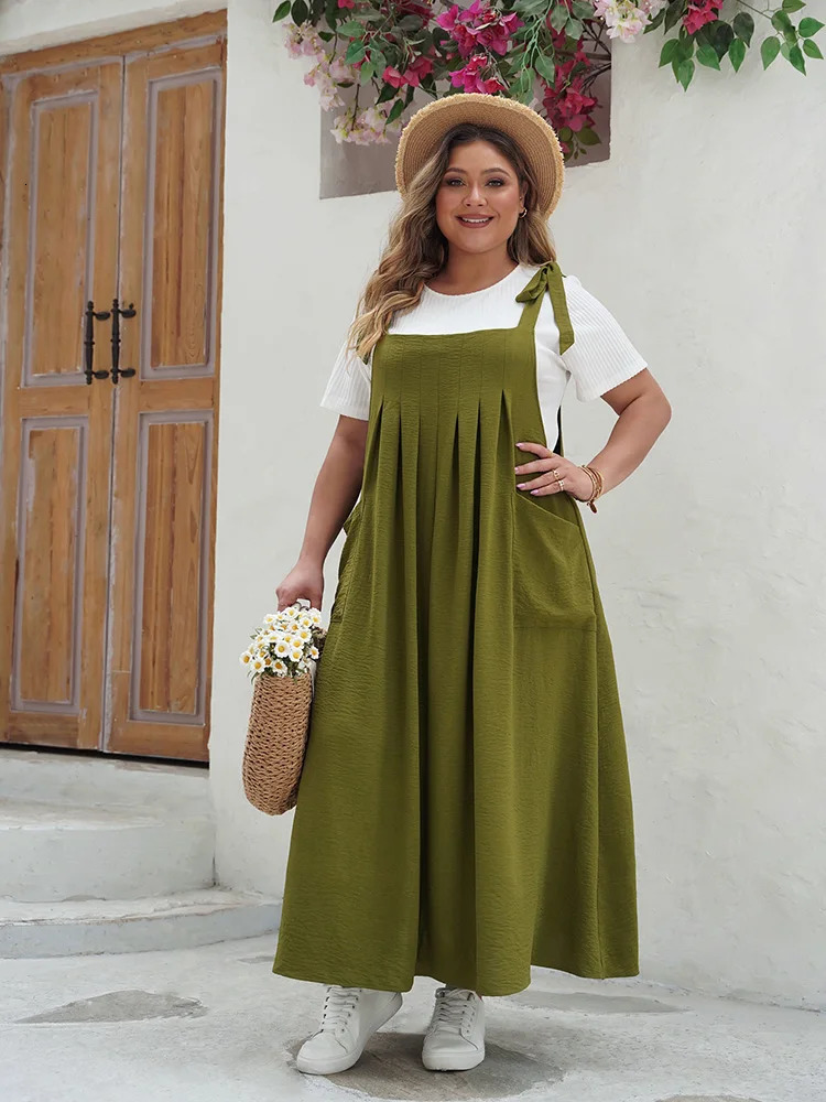GIBSIE Plus Size Solid Tie Shoulder Overalls Dress For Women 2025 Summer Casual Loose Sleeveless Maxi Long Dresses with Pockets 250526