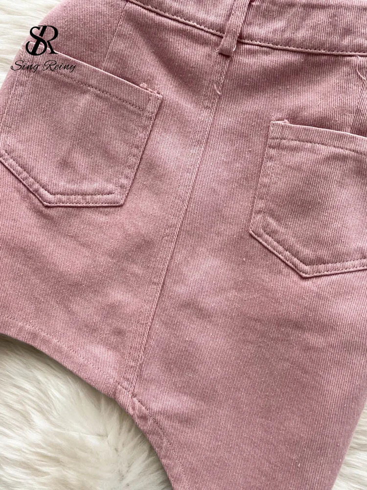 SINGREINY Denim Pink Sexy Women Sets Zipper Sashes Button Pocket Irregular Strapless Backless Top Denim Skirt Two Piece Set 250605