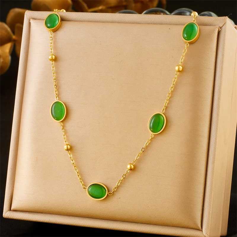 DIEYURO 316L Stainless Steel Green Oval Rhinestone Necklace Earring Set Trend Non-fading Elliptical Geometry Jewelry Set Z250607