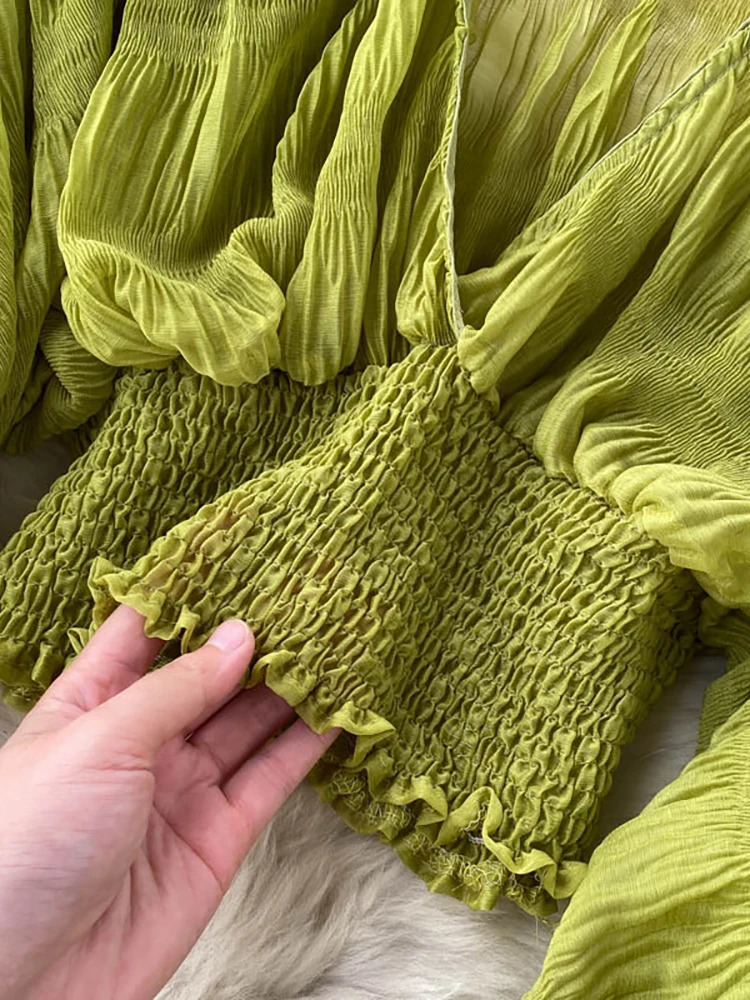 Summer Sexy Draped Chiffon Blouse For Women Elegant V-Neck Puff Long Sleeve Short Tops Female Slim Party Shirts Fashion 250605