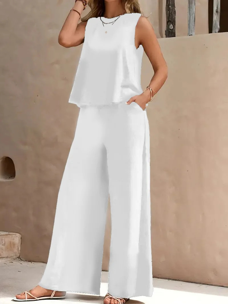 QX Womens Sleeveless Summer 2025 Pants Suit Flash Sale Solid Color Elegant Two Piece Round Neck Suit 250605