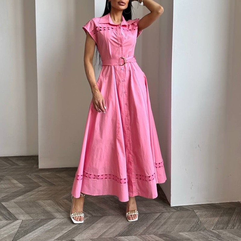 French-style retro solid-color long dress, summer new style, round collar, open back, waistband with belt, fitted short sleeves, wide skirt, women