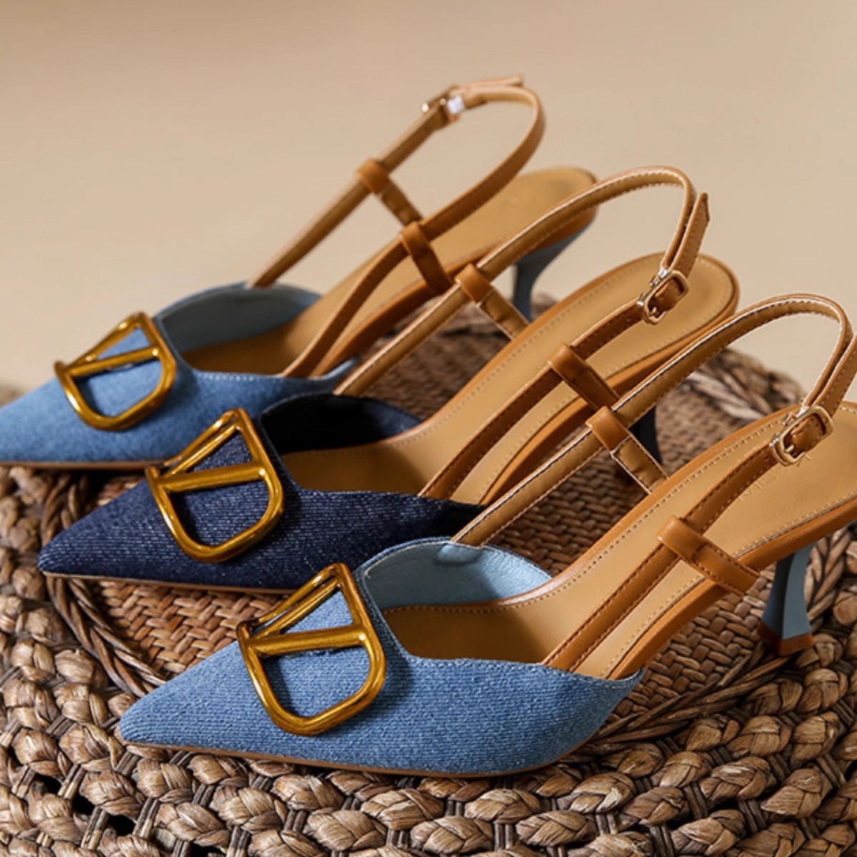 Women's Denim V-Cut French Retro Pointed Toe Stiletto Heel Sandals