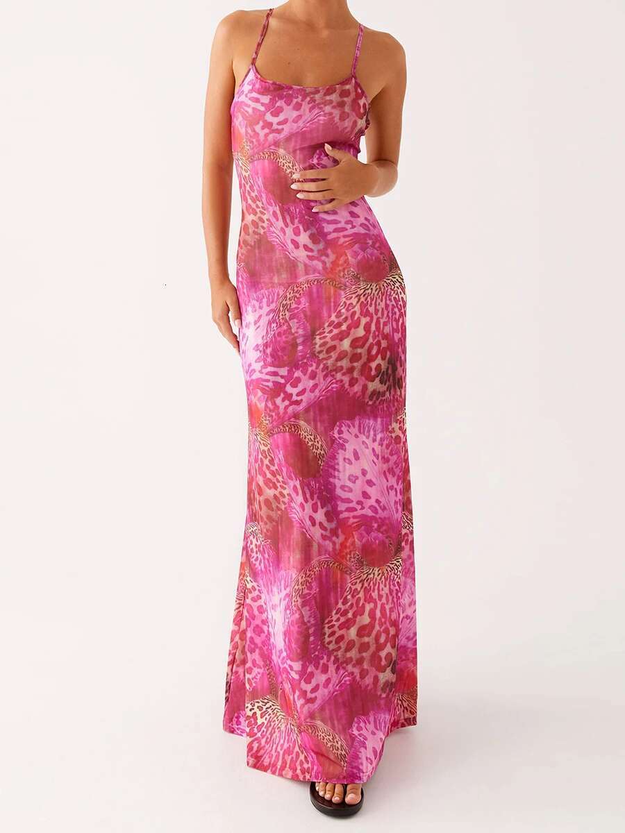 Womens Elegant Floral Print Sleeveless Maxi Dress with Fit Spaghetti Straps for Summer Beach Party Wear