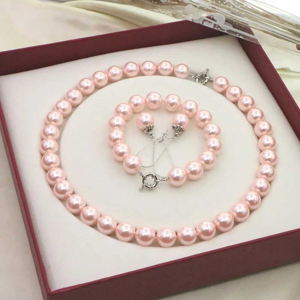 Necklace for Women 12mm Pink Pearl Necklace Earrings Sets Jewelry Mothers Day Anniversary Christmas Gifts Girls Z250607