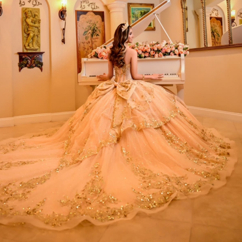 Champagne Shiny Quinceanera Dresses Ball Gown Off The Shoulder Applique Lace Beads Tull Sweet 16 Dress Vestidos 15 De Anos