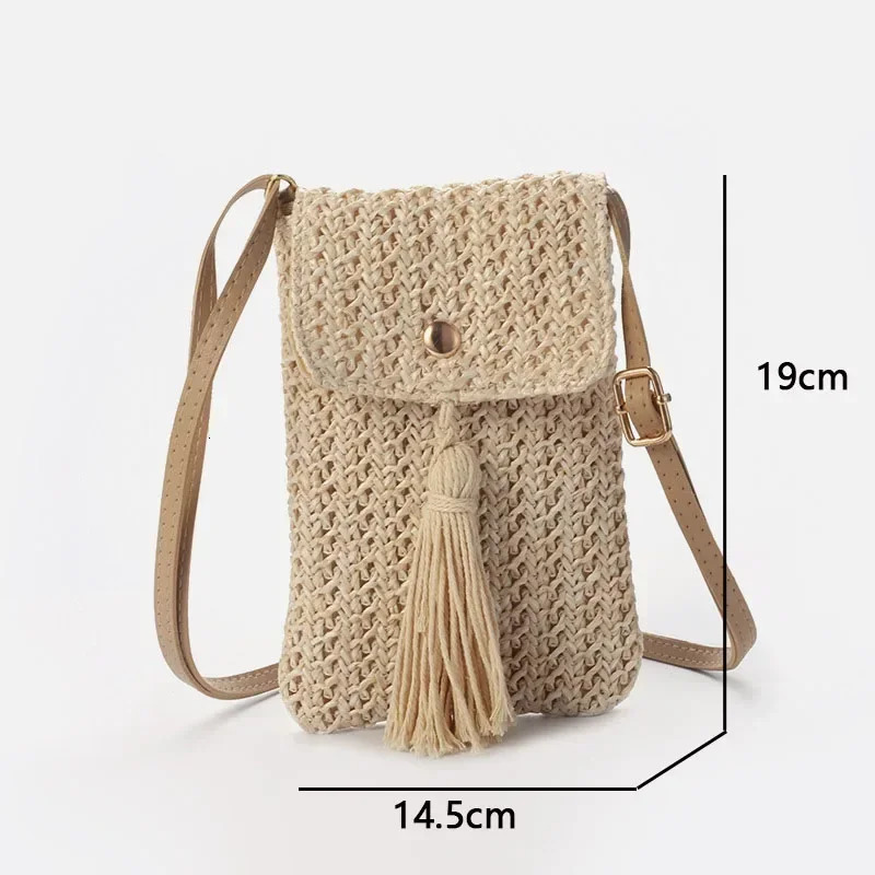Women Straw Beach Bag Holiday Mobile Phone Shouder Bag Summer Tassel Mini Crossbody Bag for Lady Gril Travel Bohemian Style 250606