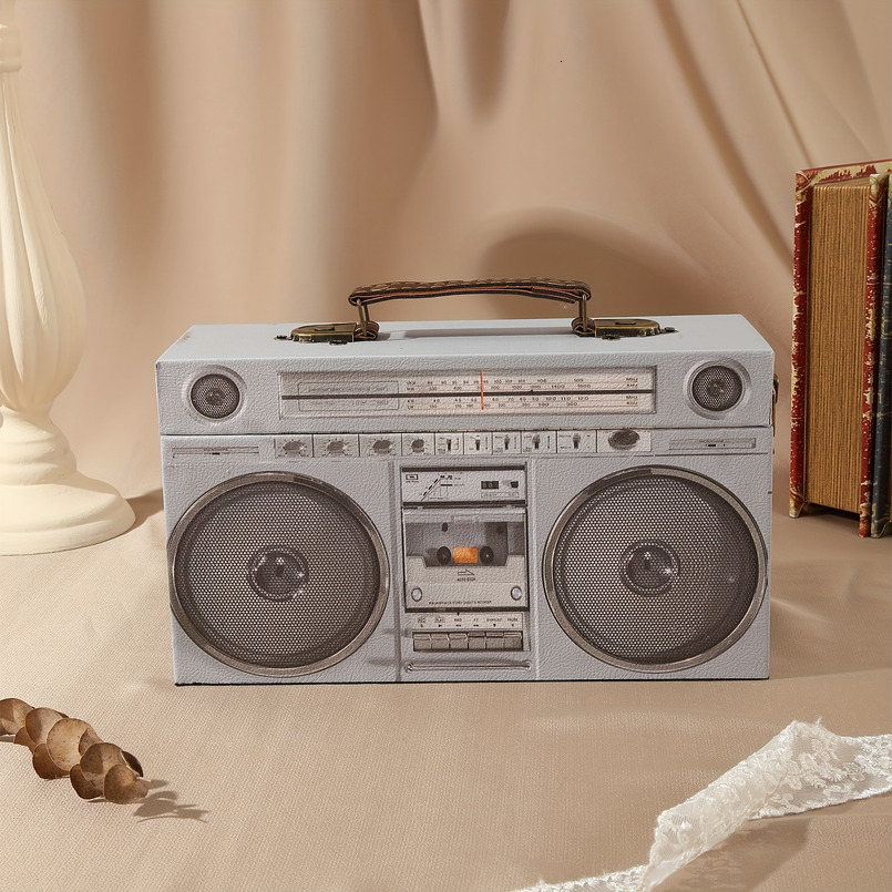 A Large Rectangular PU Radio Pattern Wooden Storage Box, Style, with Handle Flip Cover, Home Decor Ornament, Privacy Storage, New Year Gift Box