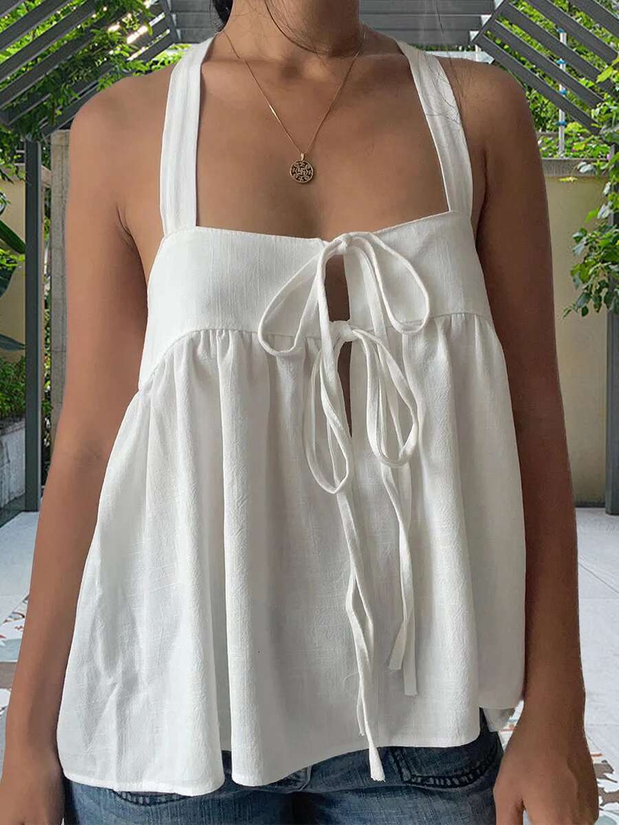 Womens Halter Neck Sleeveless Crop Top with Lace-up Back Detail Sexy Solid Striped Camisole for Night Out Clubwear