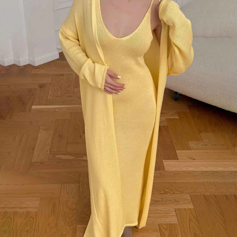 Tuularose Womens Long Dress 3 Piece Solid Knitted Camisole Dress Long Sleeve Cardigan Set Casual Fashion Womens Dress Sets 250605