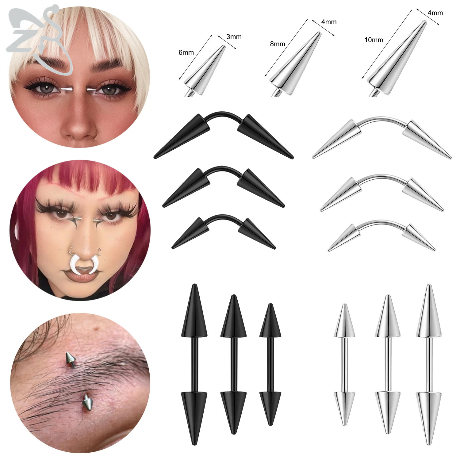 ZS 1 Piece Black Color Long Spike Stainless Steel Eyebrow Rings Punk Rock Curved Rook Bridge Piercinsg Hair Decoration 250606