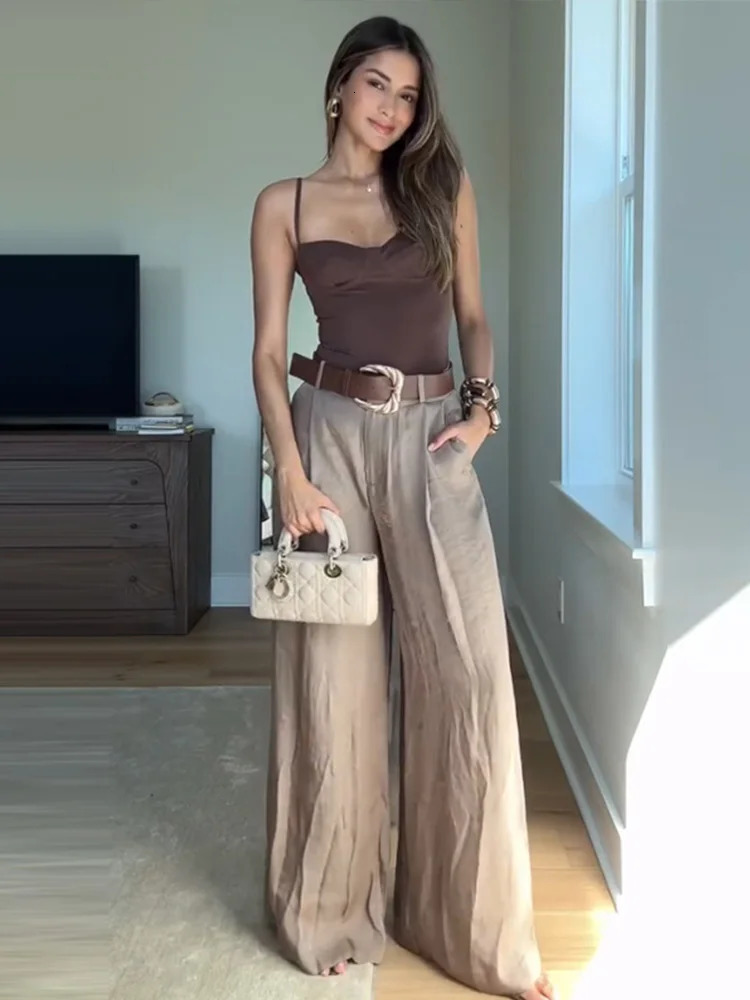 Womens Straight Pants Solid High Waist Belt Pockets Wide Leg Long Trousers Female 2025 Spring Lady Vintage High Street Wears 250605