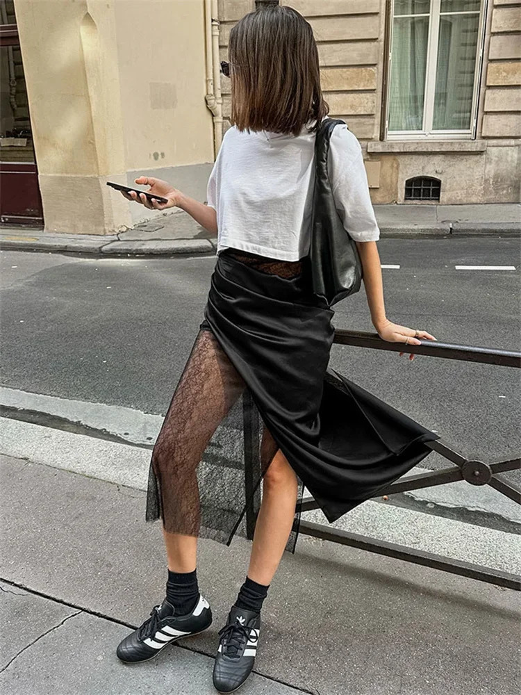 Tossy Black Lace Summer Maxi Skirt For Women Patchwork High Waist Fashion PU Leather Sexy Streetwear Female Y2k Long Skirt 2025 250529