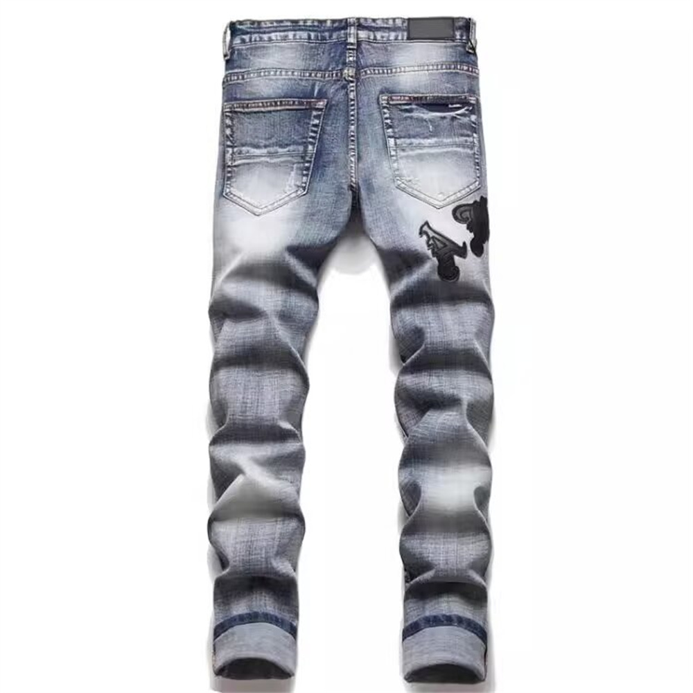 free shipping designer Jeans Embroidered men jeans with knee hole zipper small leg pants large denim pants Stretchy