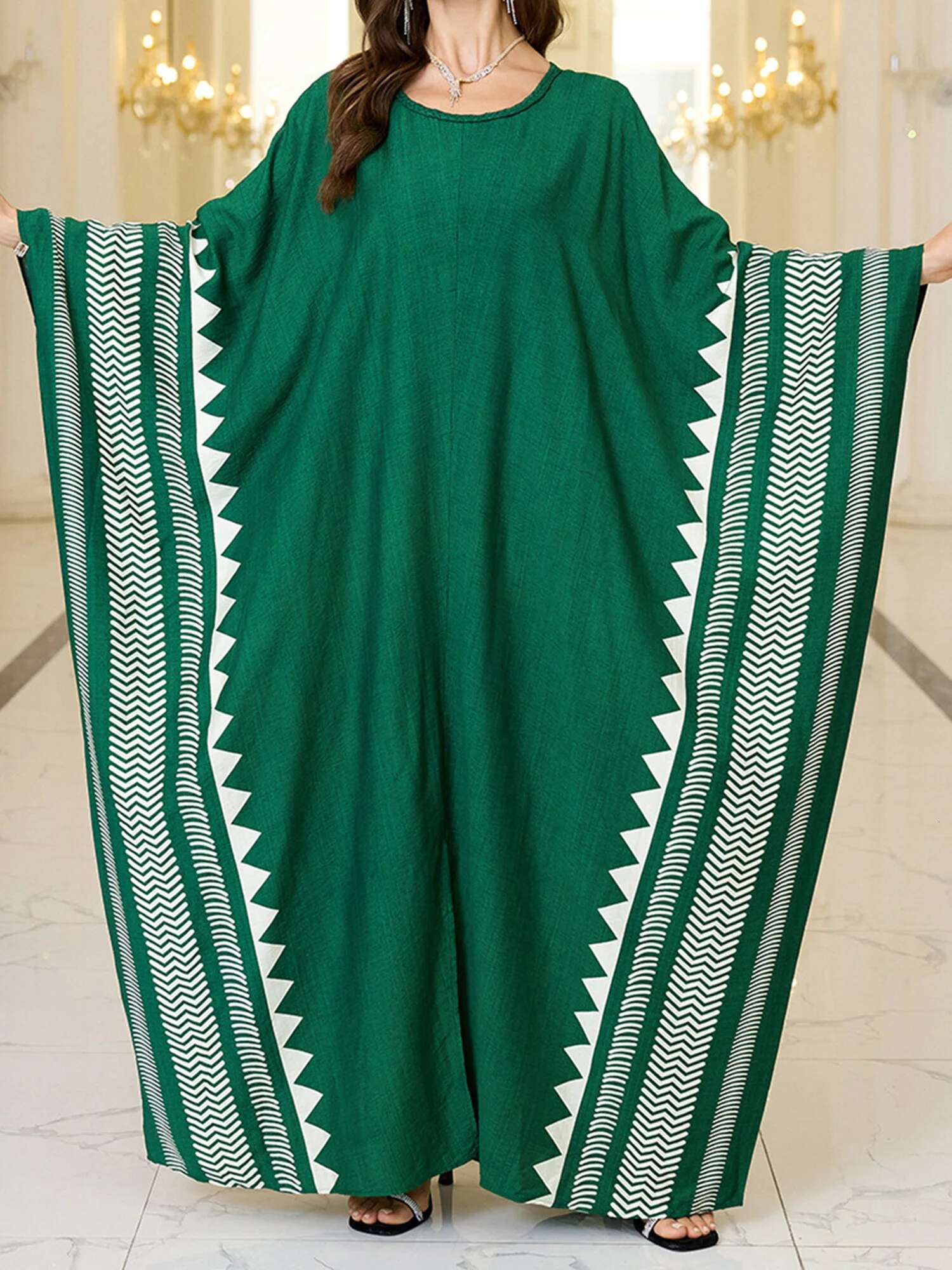 Elegant Maxi Dress with Batwing Sleeves and V-neckline Flowy Boho Chic Kaftan Robe for Women Perfect for Beach Cover Up or