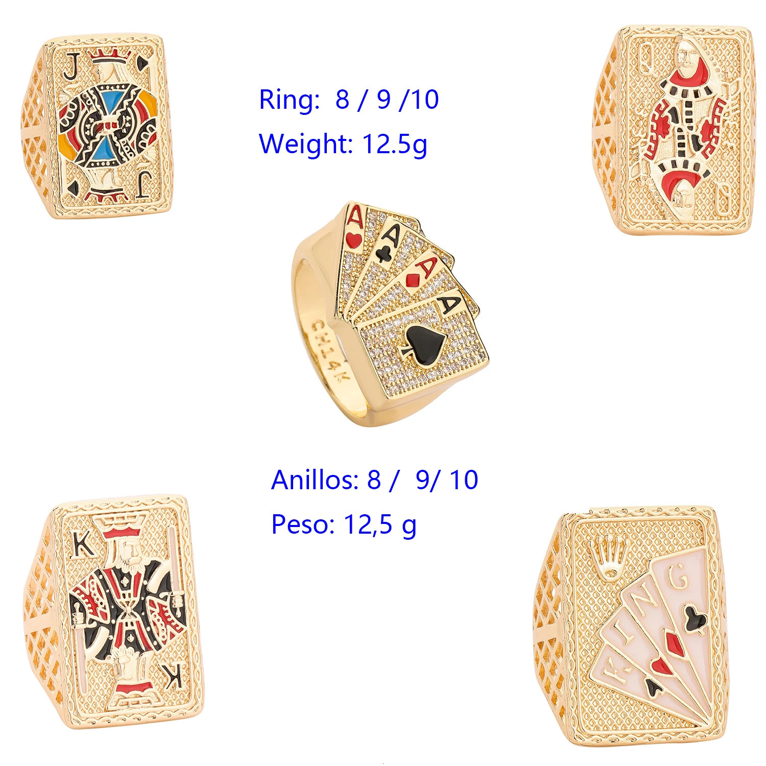 Fashionable mens ring size 8/9/10 gambling zircon brass hip-hop gift for boys playing card ring 250604
