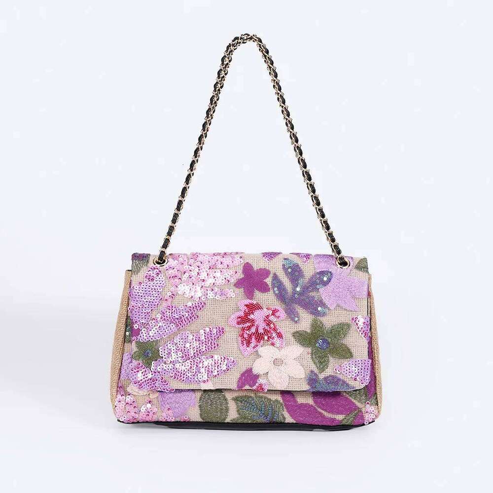 Women Straw Sequin Underarm Flower Pattern Large Capacity New Style Braided Chain Crossbody Border Shoulder Bag