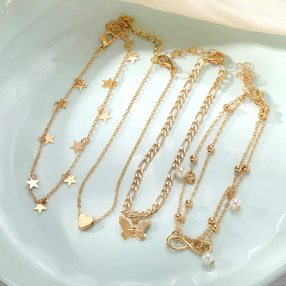 Gold Color Vintage Butterfly Anklet Set For Women Multilayers Adjustable Love Anklet Bracelet On Leg Foot Beach Jewelry 250606