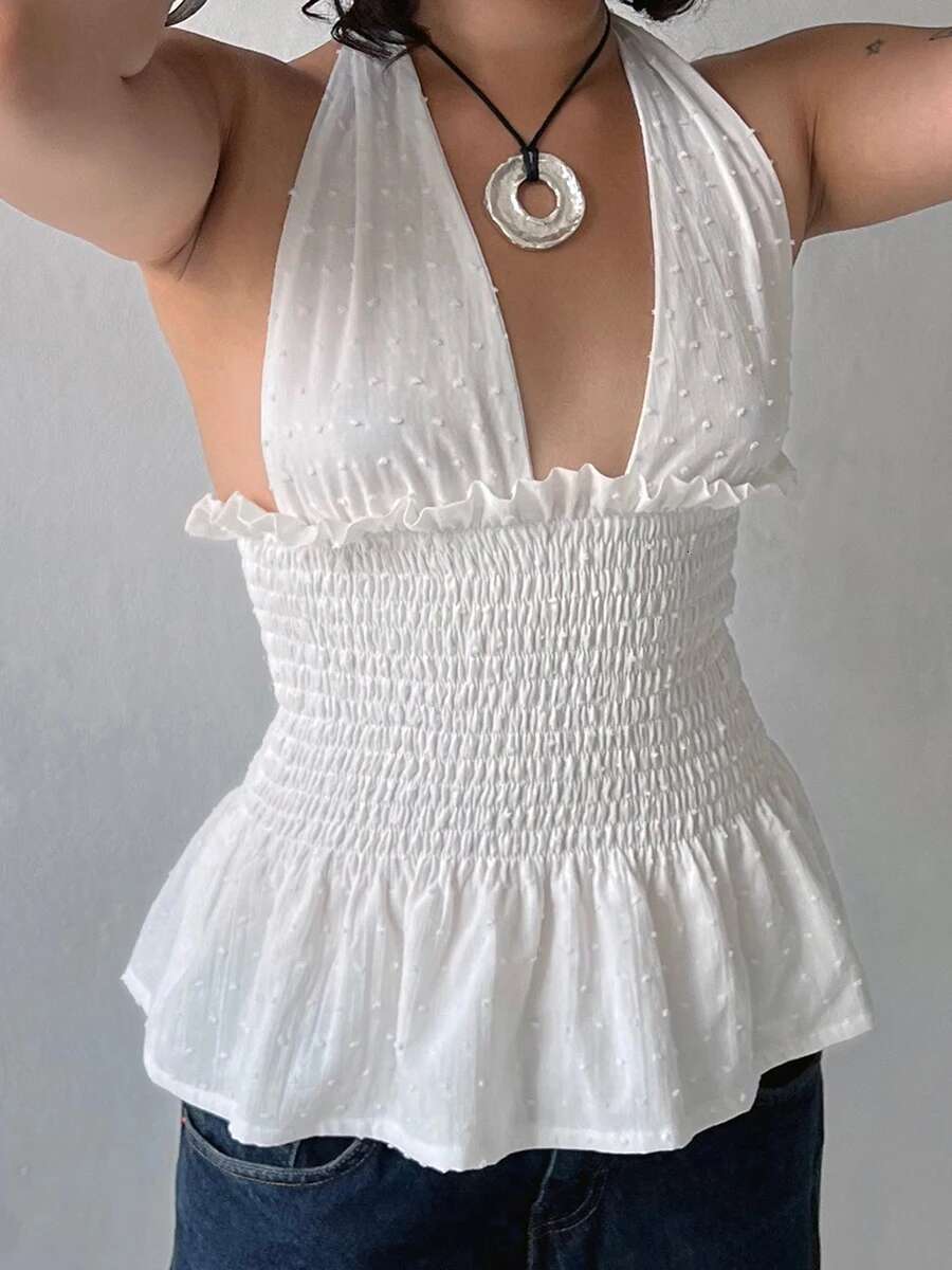 Floral Print Halter Neck Tank Top with Swiss Dot Detailing and Backless Design - Sleeveless Summer Vest for Streetwear