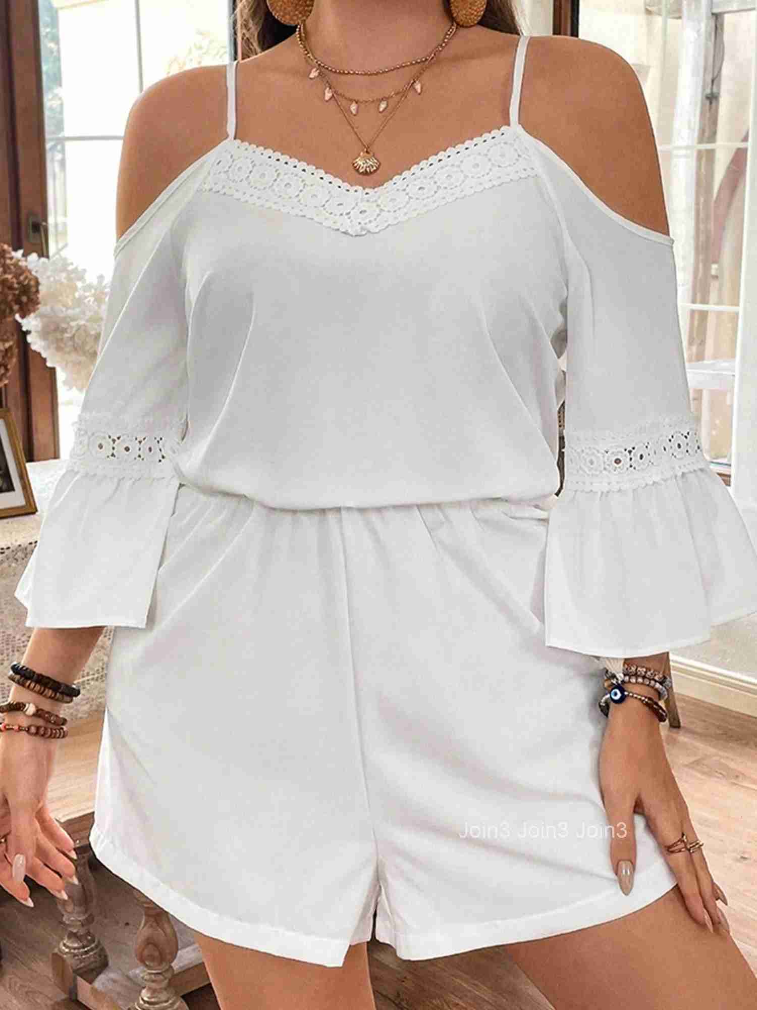 Womens Plus Size Romper with Lace Trim and Cold Shoulder Detail Solid Color Jumpsuit with V-neck and 3 4 Sleeves