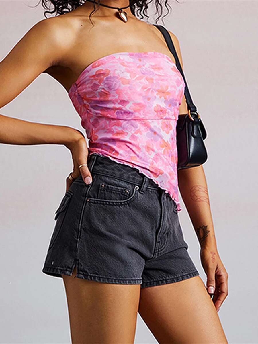 Floral Print Off-shoulder Bandeau Backless Shirts Women Asymmetrical Tube Tops Summer Lettuce Trim - Stylish and Chic Summer