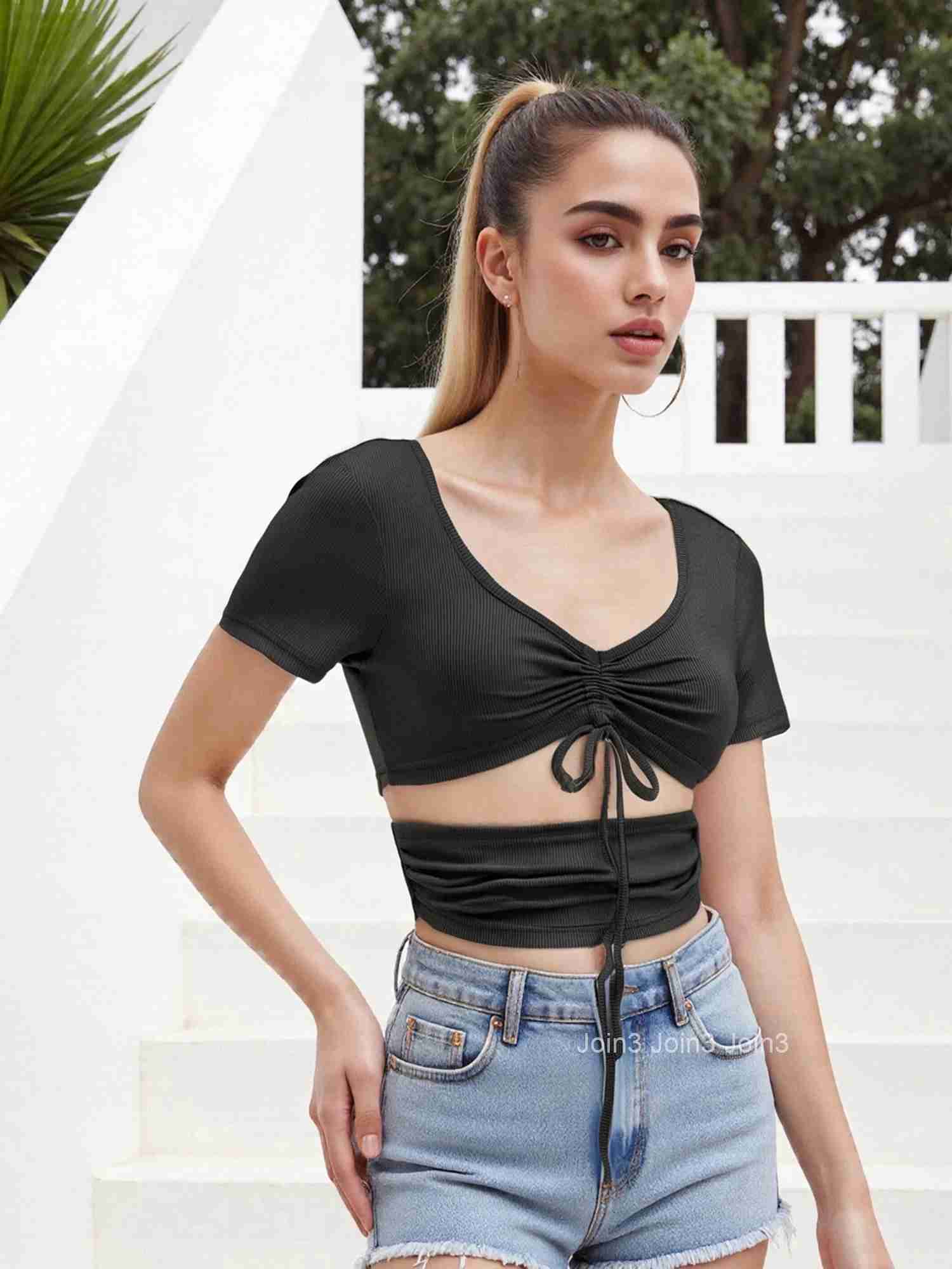 Casual Ribbed Crop Tops with Cutout Detail and Drawstring Closure for Womenshort Sleeve Knit T-shirts for Streetwear