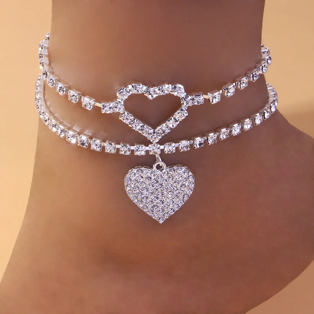 Stonefans 2Pcs/Set Bohemian Women Rhinestone Heart Anklets Foot Bracelet Summer Beach Chain Love Pendant Ankle Bracelet Jewelry 250606