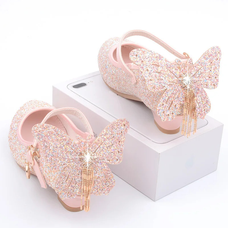 Kids Leather Shoes Fashion Fringed Butterfly Knot Girls Princess Casual Glitter Children High Heel Student Dance 250604z