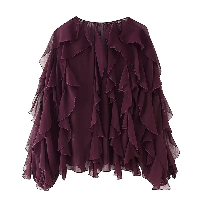 YENKYE 2025 Women Sexy Semi-sheer Ruffle Shirt Long Sleeve V Neck Front Button Spring Blouse Burgundy Blusas Mujer 250606