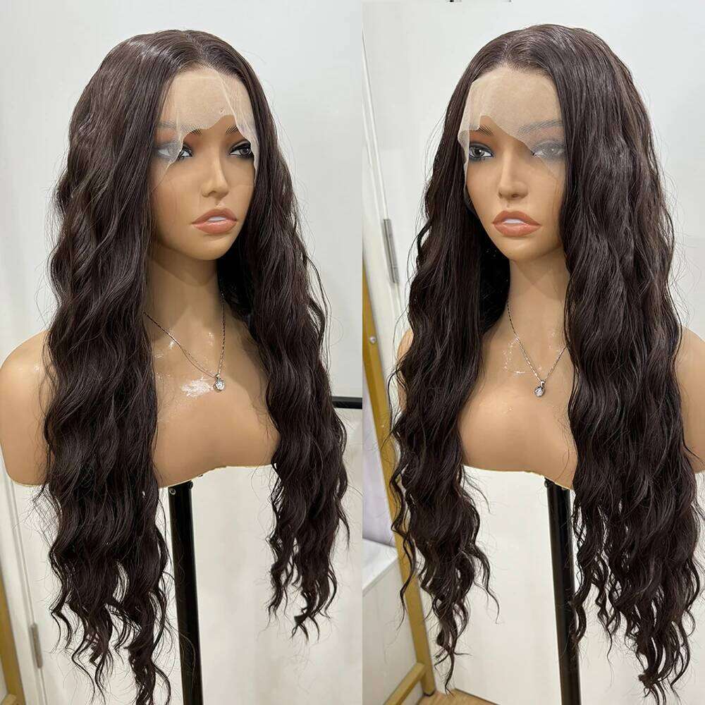 NAMM Chocolate Front Lace Wigs For Women Long Wavy Synthetic Hair Heat Resistant Look Natural Wave Cosplay Brown Wig