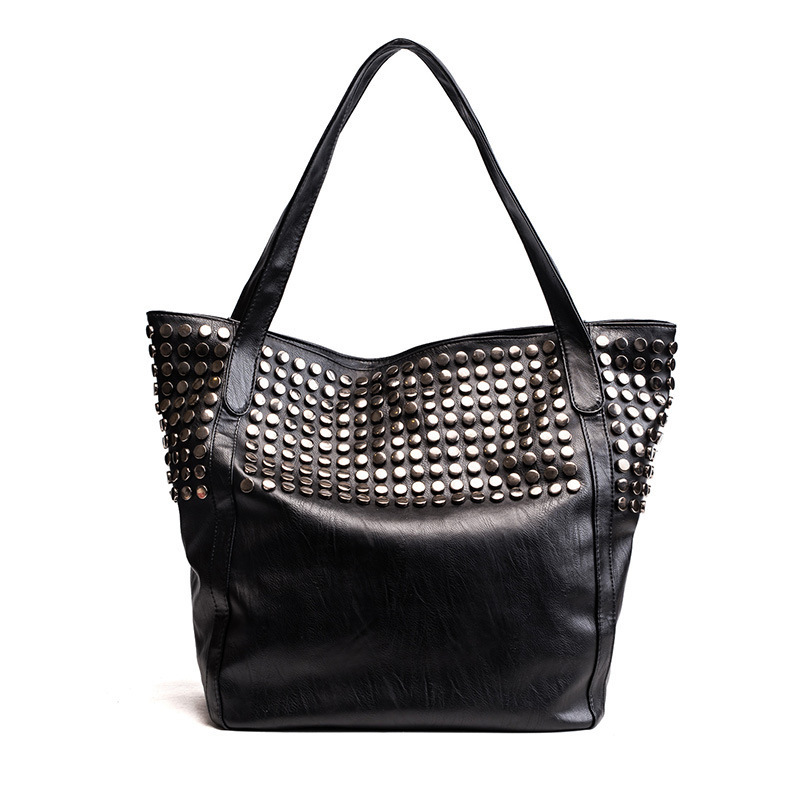 New Large Capacity PU Punk Style Tote Bag with Rivets, Single Shoulder and Crossbody Handbag for Women