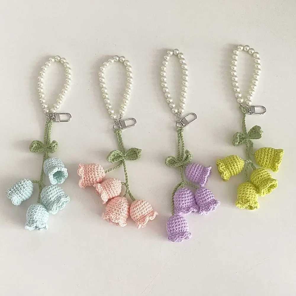 Creative Wool Crocheted Bolling Orchid Key Ring Ins Cute Girl Pearl Chain Key Chain Handmade Knitted Bag Pendant Charm Gift XJ250607