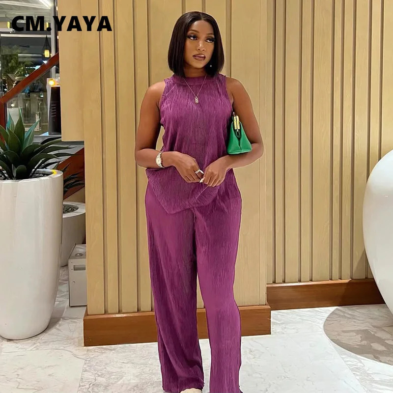 CM.YAYA Fashion Pleated Draped Women Set Sleeveless Tops Wide Leg Pants 2025 Summer Two 2 Piece Sets Africa Outfits Tracksuit 250605