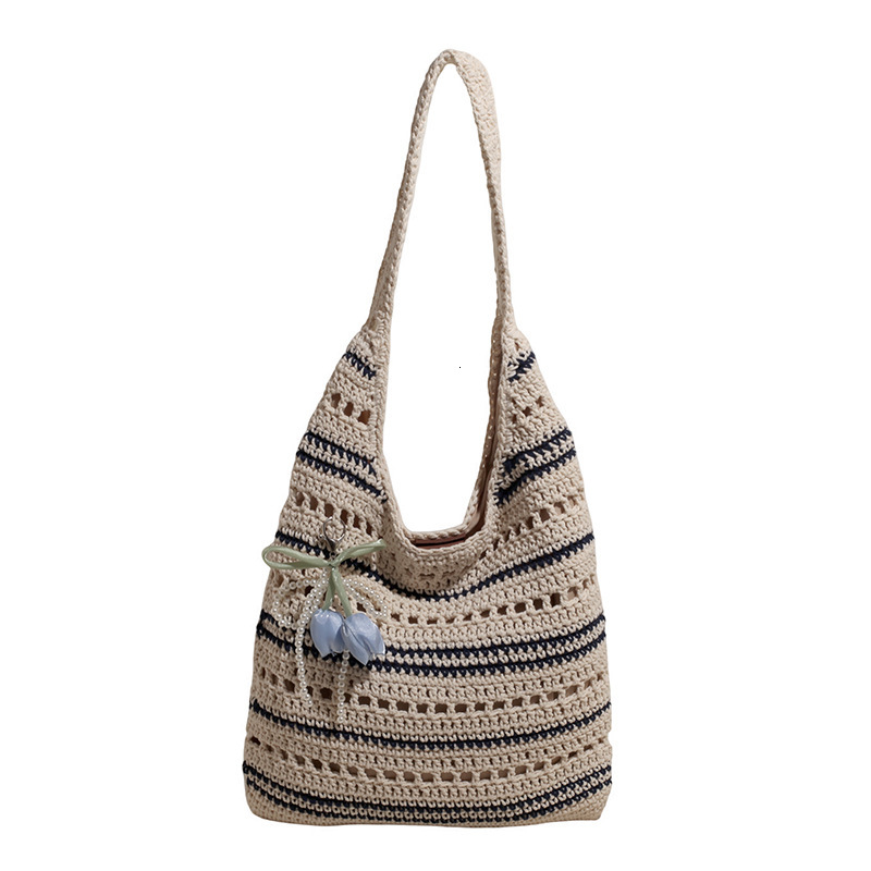 designer Niche Design Handwoven Bag 2025 New Striped Cotton Rope Women's Bag Trendy Hollow Handbag Shoulder Beac