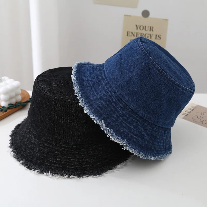 Spring and summer vintage solid color fringed denim fisherman hat womens washable versatile face covering bucket basin hat 250605