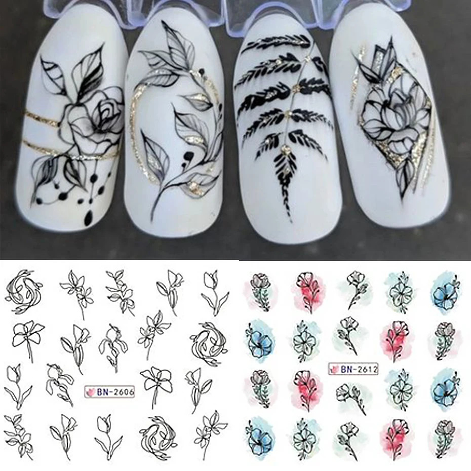 12 PCs Ink Flowers Nail Art Sticker Summer Water Decal Blooming Leaves Graffiti Slider Decoration Foils Tattoo 250605