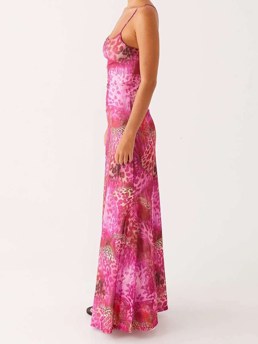 Womens Elegant Floral Print Sleeveless Maxi Dress with Fit Spaghetti Straps for Summer Beach Party Wear