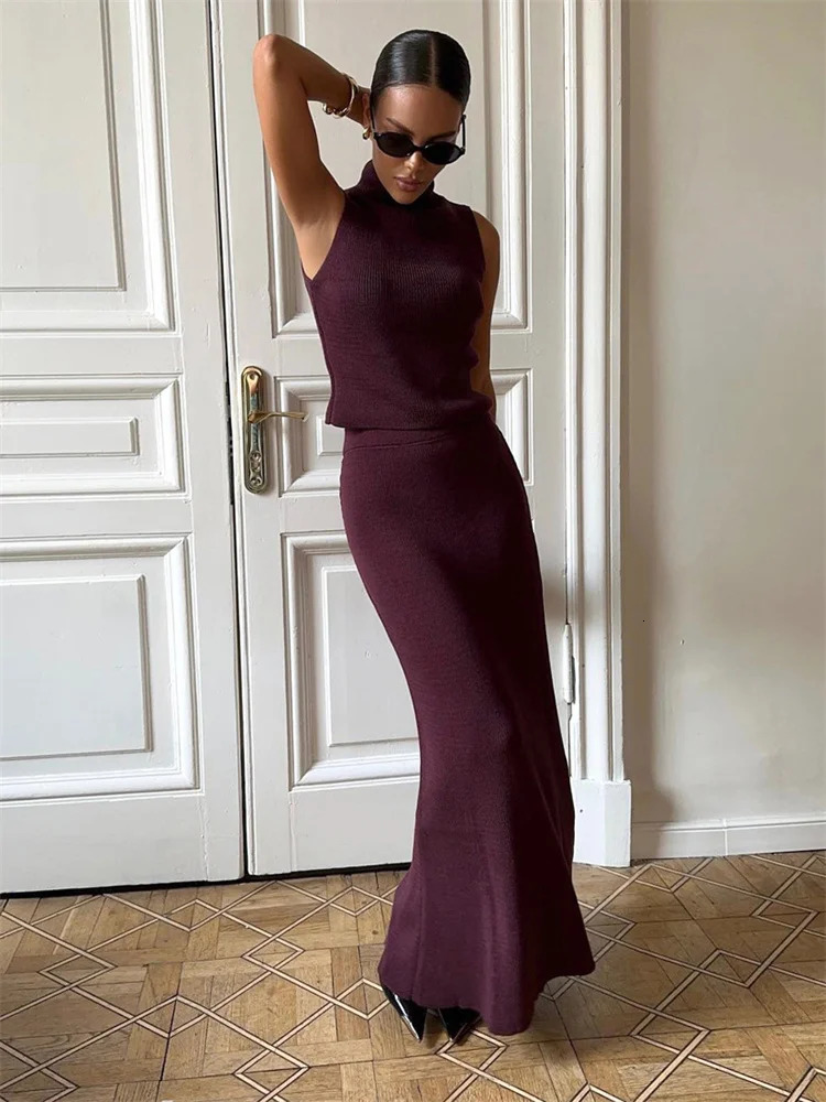 Tossy Elegant Knitwear 2 Piece-Set Long Dress Female Ribbed Sweater Pullover And Loose Patchwork Maxi Skirt Sets Ladies Outfits 250605